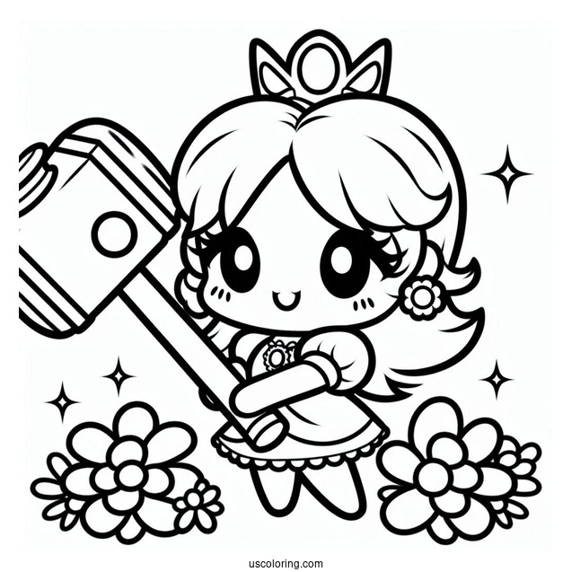 Kawaii Baby Princess Daisy Coloring Page Holding Hammer