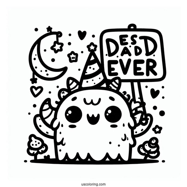 Father's Day Coloring Page Of Kawaii Monster With Best Dad Ever Sign For Kids