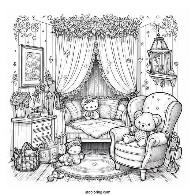 Quaint Bedroom Coloring Page With Canopy, Armchair, And Stuffed Toys
