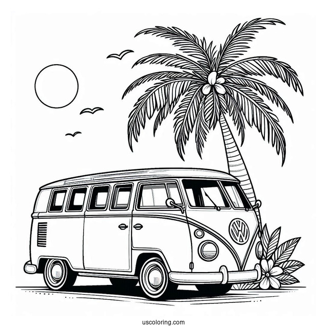 Volkswagen Van Next To A Palm Tree Summer Coloring Page