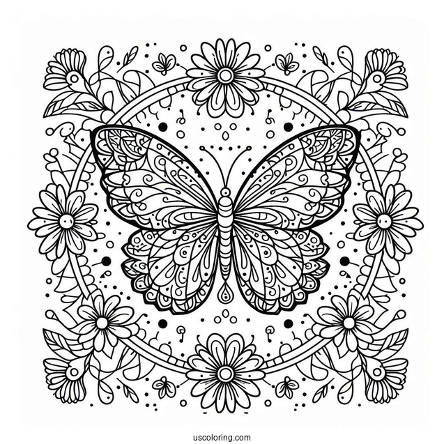 Elegant Butterfly Coloring Page Mandala Surrounded By Flowers
