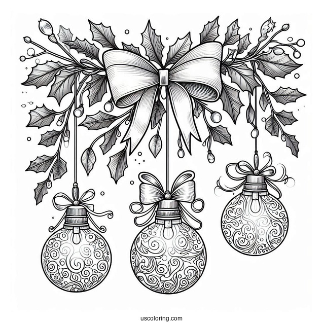 Bulbs Hanging From Mistletoes With Bows Christmas Ornaments Coloring Page