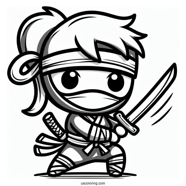 Easy Chibi Ninja With A Sword Coloring Page For Preschoolers