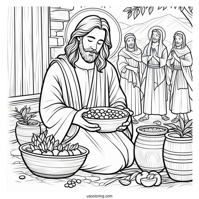 Jesus Coloring Page Distributing Food To His Followers