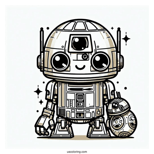 Chibi C3PO With R2 D2 Coloring Page For Preschoolers