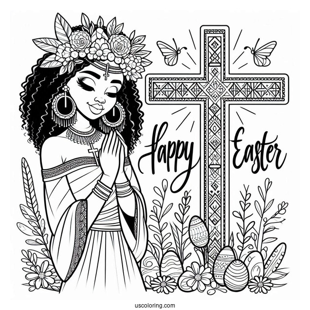 Happy Easter Words With Cross Coloring Page For Kids