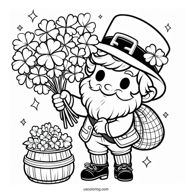 St. Patrick's Day Coloring Page Of Leprechaun Holding Up A Bunch Of Clovers