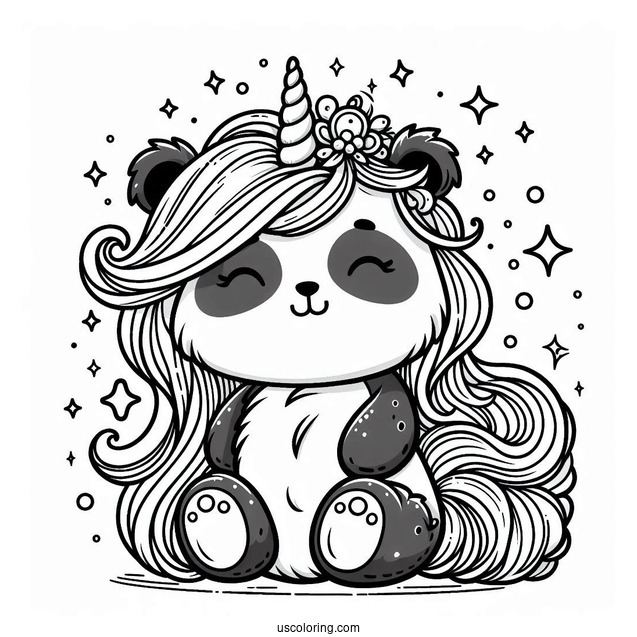 Magical Panda Coloring Page Unicorn with Fluffy Mane