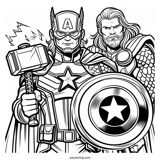 Coloring Page Of Captain America Holding Thors Hammer