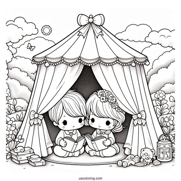 Precious Moments Coloring Page Of Girl And Boy Reading Inside Tent