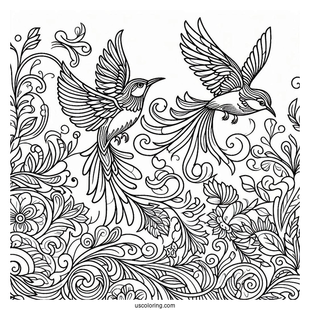 Majestic Nature With Birds Pattern Coloring Page