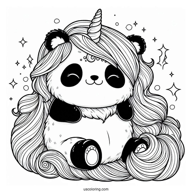 Magical Panda Coloring Page Unicorn with Fluffy Mane