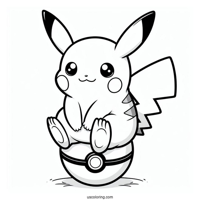 Kawaii Pikachu Sitting On Pokeball Coloring Sheet