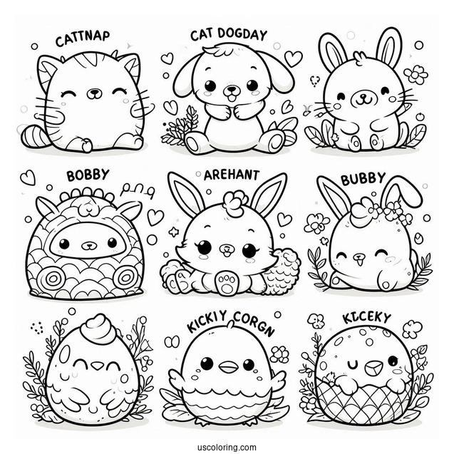 Smiling Critters Coloring Page Of CatNap, DogDay, Bobby BearHug, Bubba Bubbaphant, CraftyCorn, Hoppy Hopscotch, KickinChicken, And PickyPiggy