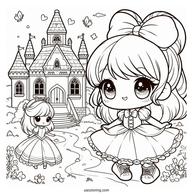 Kawaii Chibi Cinderella Outside Castle Coloring Page For Kids