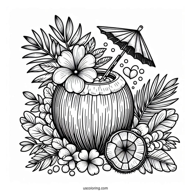 Coconut Coloring Page Piña Colada With Flower And Mini Umbrella