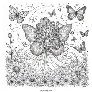 Beautiful Fairy Surrounded By Butterflies On A Flower Field