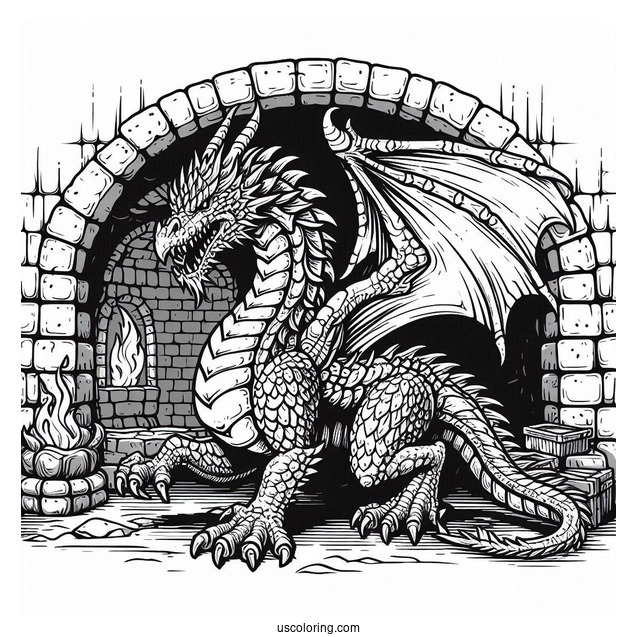 Ferocious Looking Dragon In Dungeon To Color