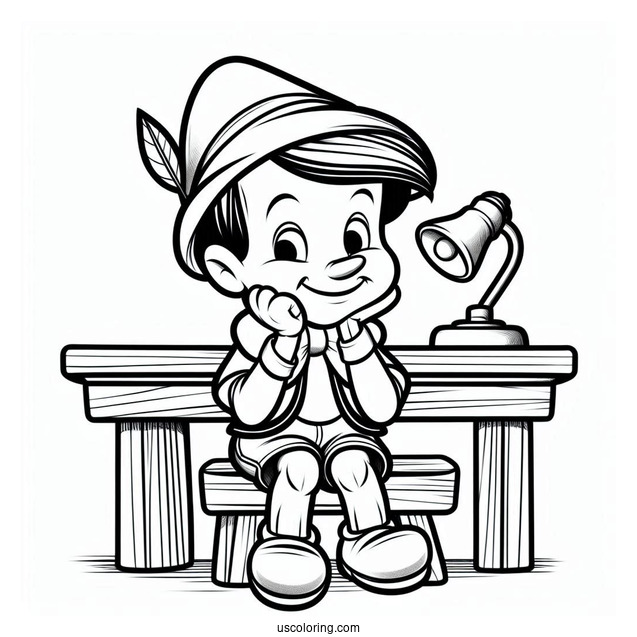 Pinocchio Coloring Page Of Happy Figaro Seated On The Table For Kids