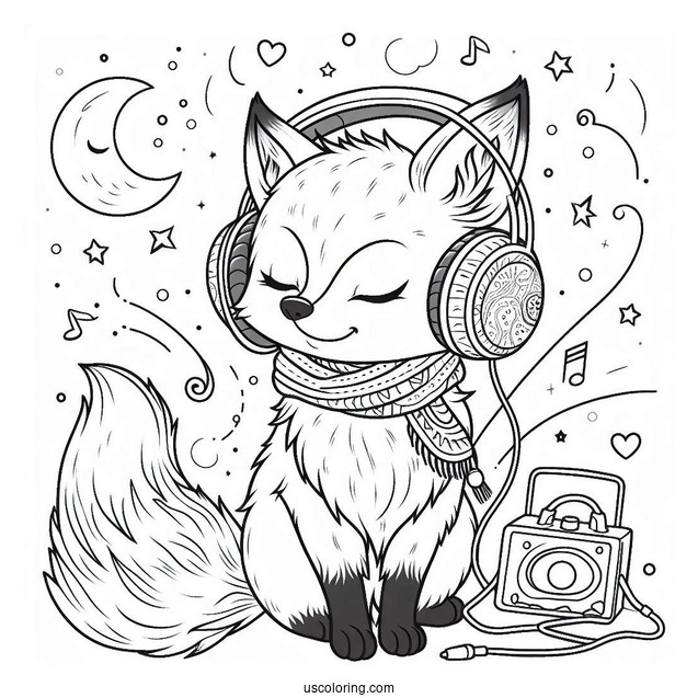 Fox Listening To Music With His Headphones Coloring Sheet