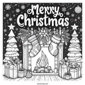 Christmas Coloring Pages For Adults Of Merry Christmas Words On Top Of Fireplace With Stockings