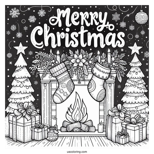 Christmas Coloring Pages For Adults Of Merry Christmas Words On Top Of Fireplace With Stockings