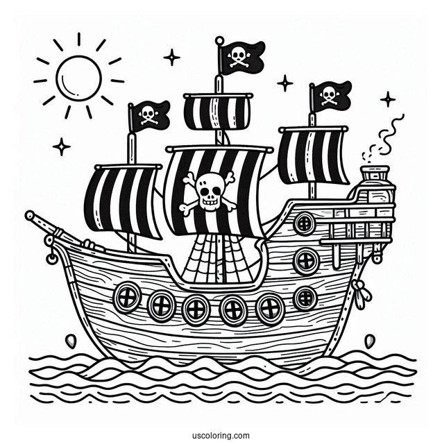 Super Cute Pirate Ship Coloring Page For Preschoolers