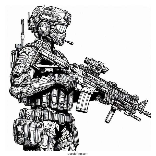 Detailed Futuristic Soldier Coloring Page Holding Weapon