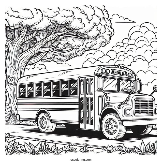 School Bus Coloring Page Parked In Front Of A Massive Tree