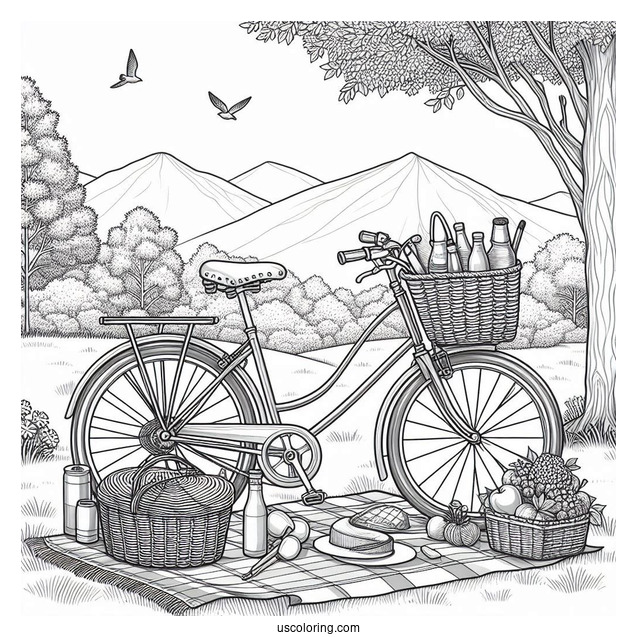 Adult Bicycle Coloring Page Parked Beside Picnic Mat