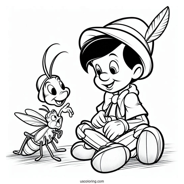 Pinocchio Coloring Page Talking To Jiminy Cricket On The Floor