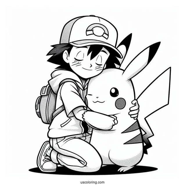 Coloring Page Of Ash Embracing Pikachu