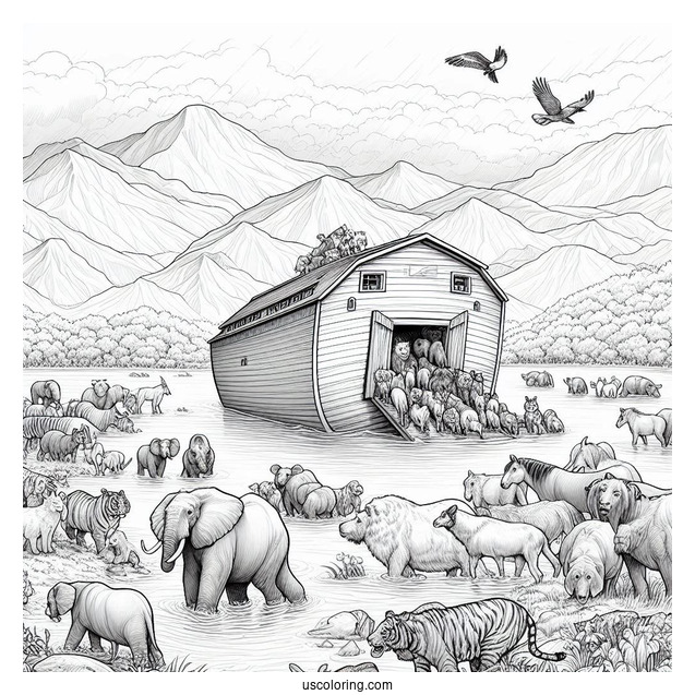 Realistic Noah's Ark Coloring Page With Animals Leaving The Ark