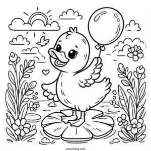 Adorable Duck With Balloon Standing On Lily Pad Coloring Sheet For Preschoolers