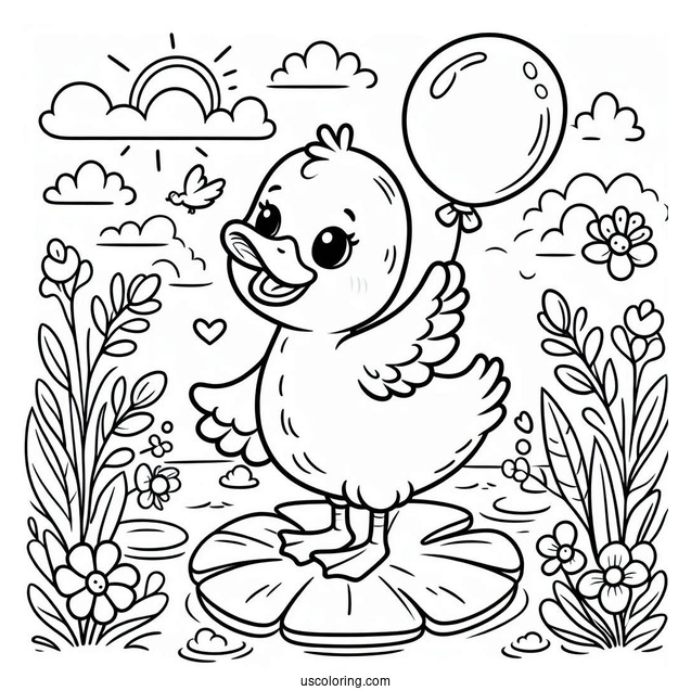 Adorable Duck With Balloon Standing On Lily Pad Coloring Sheet For Preschoolers