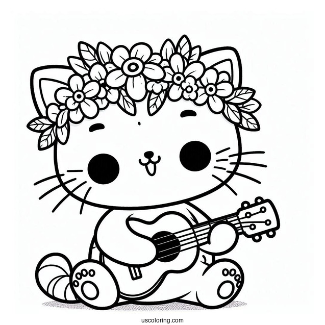 Kawaii Cat With A Flower Crown Playing The Ukelele
