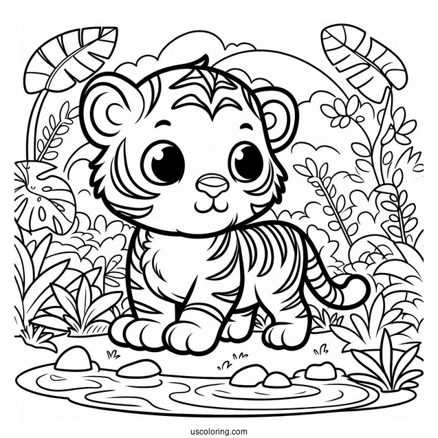 Young Tiger In The Jungle Coloring Page For Kids