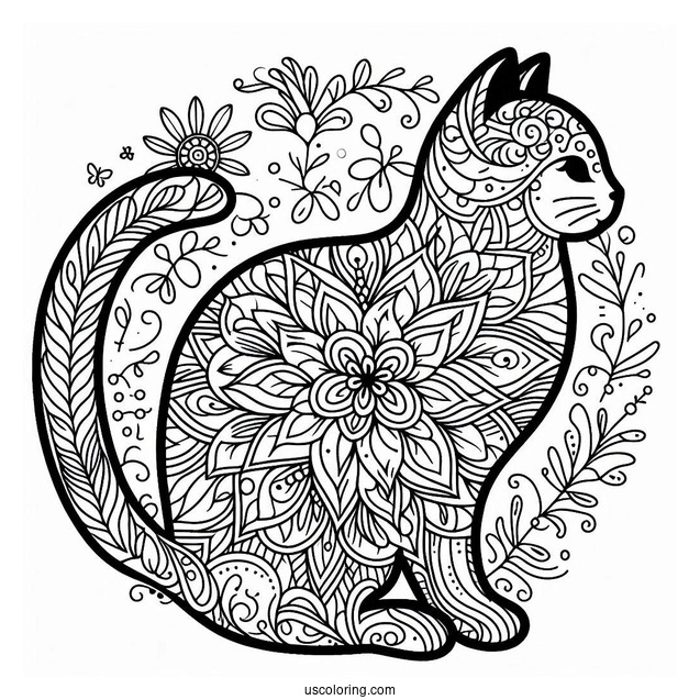 Cat-Shaped Floral Mandala Coloring Page