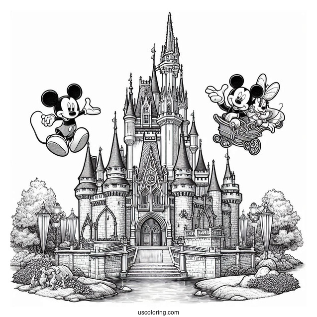Realistic Disney World Castle Coloring Page With Walt Disney And Mickey Mouse
