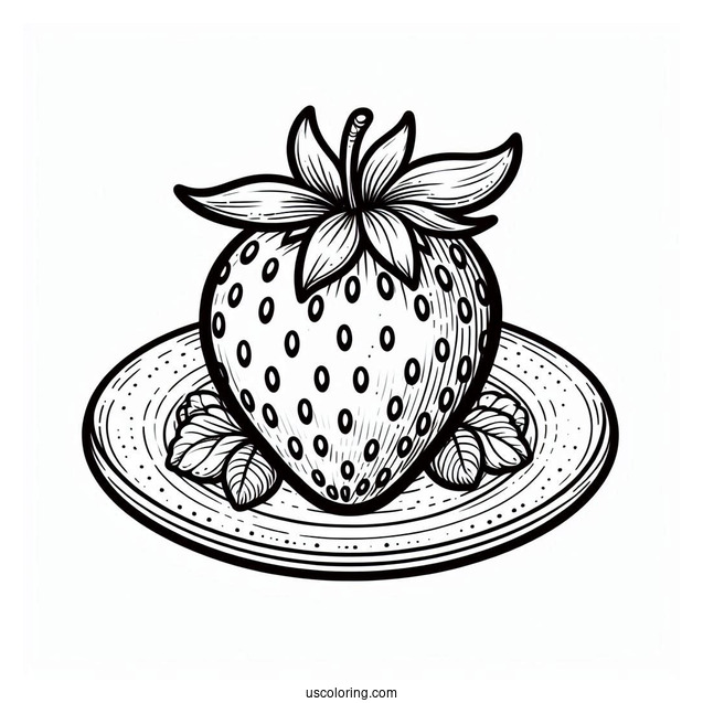 Pretty Strawberry Coloring Page On A Plate For Kids