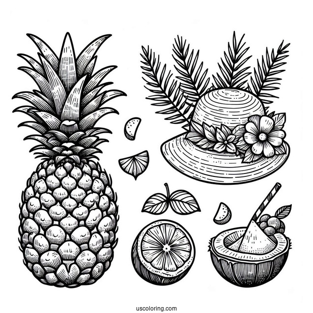 Summer Pineapple Coloring Page With Hat and Coconuts