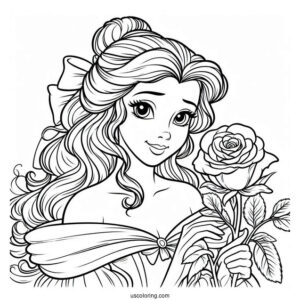 Detailed Coloring Page Of Belle Holding a Rose