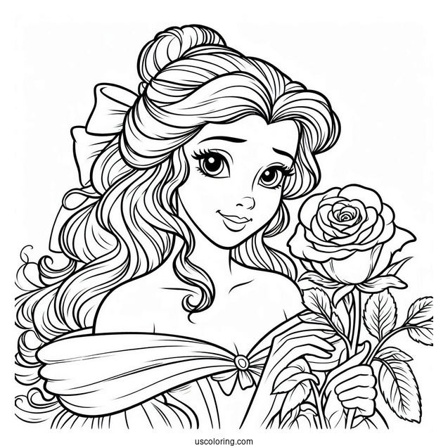 Detailed Coloring Page Of Belle Holding a Rose