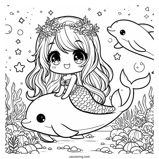 Magical Chibi Coloring Page Mermaid Swimming with Dolphins Under the Sea