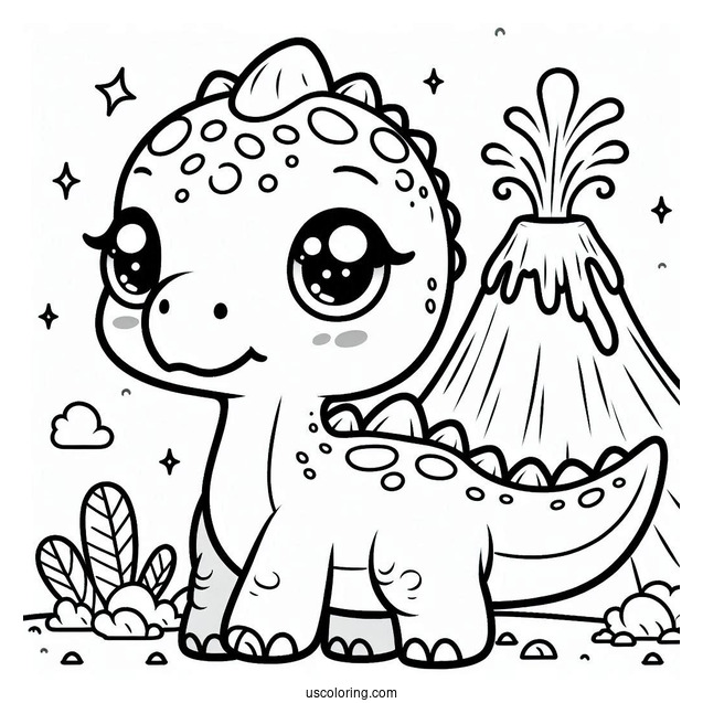 Kawaii Parasaurolophus Coloring Page With Volcano For Preschoolers