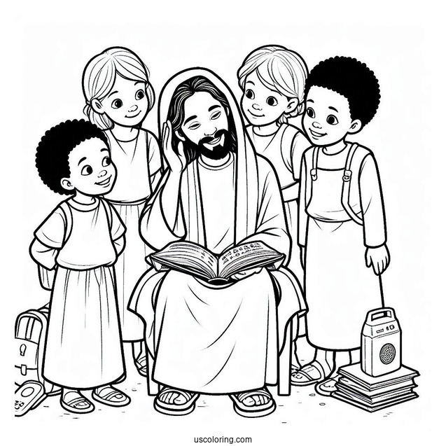 Boys And Girls Listening To Jesus Coloring Page