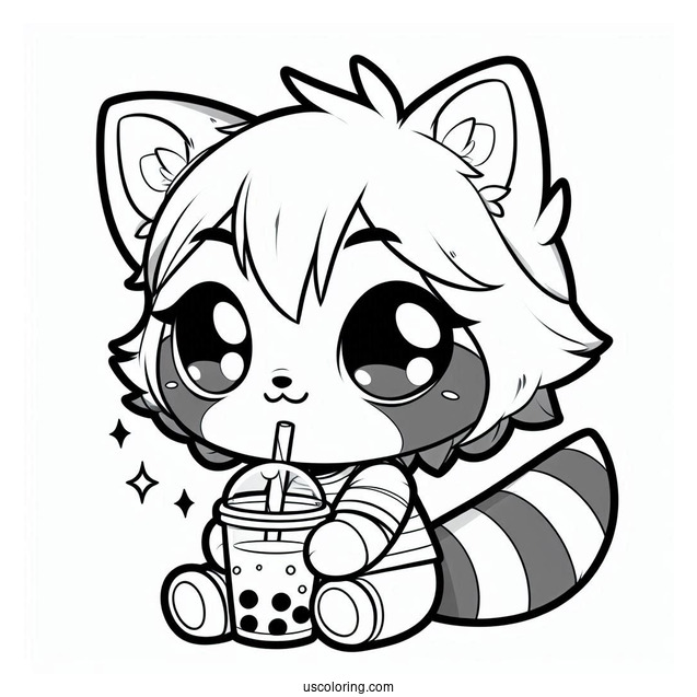 Chibi Raccoon Coloring Page Drinking Boba Tea For Kids