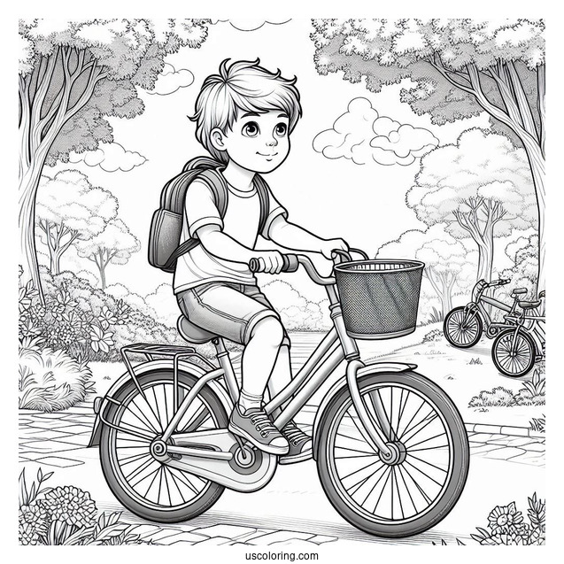 Realistic Little Boy Riding Bicycle Coloring Page In A Park