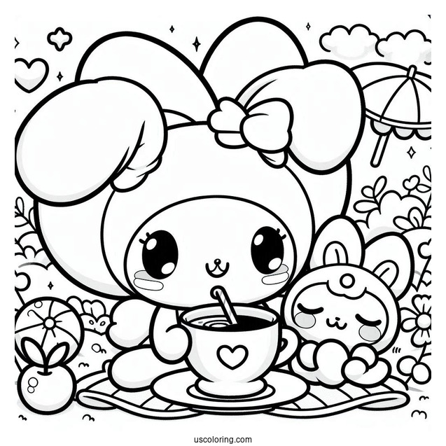 Kawaii My Melody Drinking Tea While Cinnamoroll Sleeps