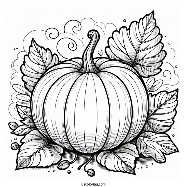 Large Pumpkin Coloring Page With Leaves To Color